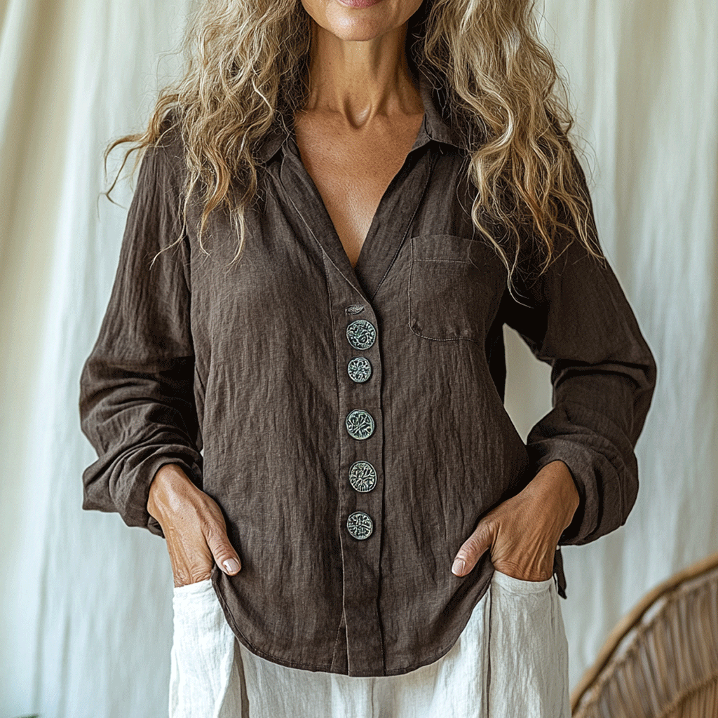 Women's Linen Bohemia Style Plain Long-sleeved Breathable Top Shirt