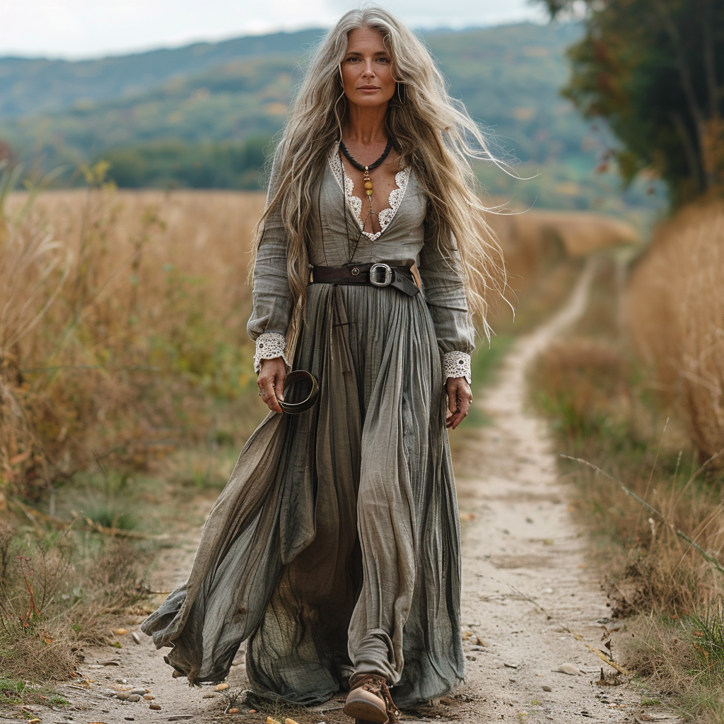 Women's Vintage Pastoral Style V-neck Linen Long-sleeve Maxi Long Dress