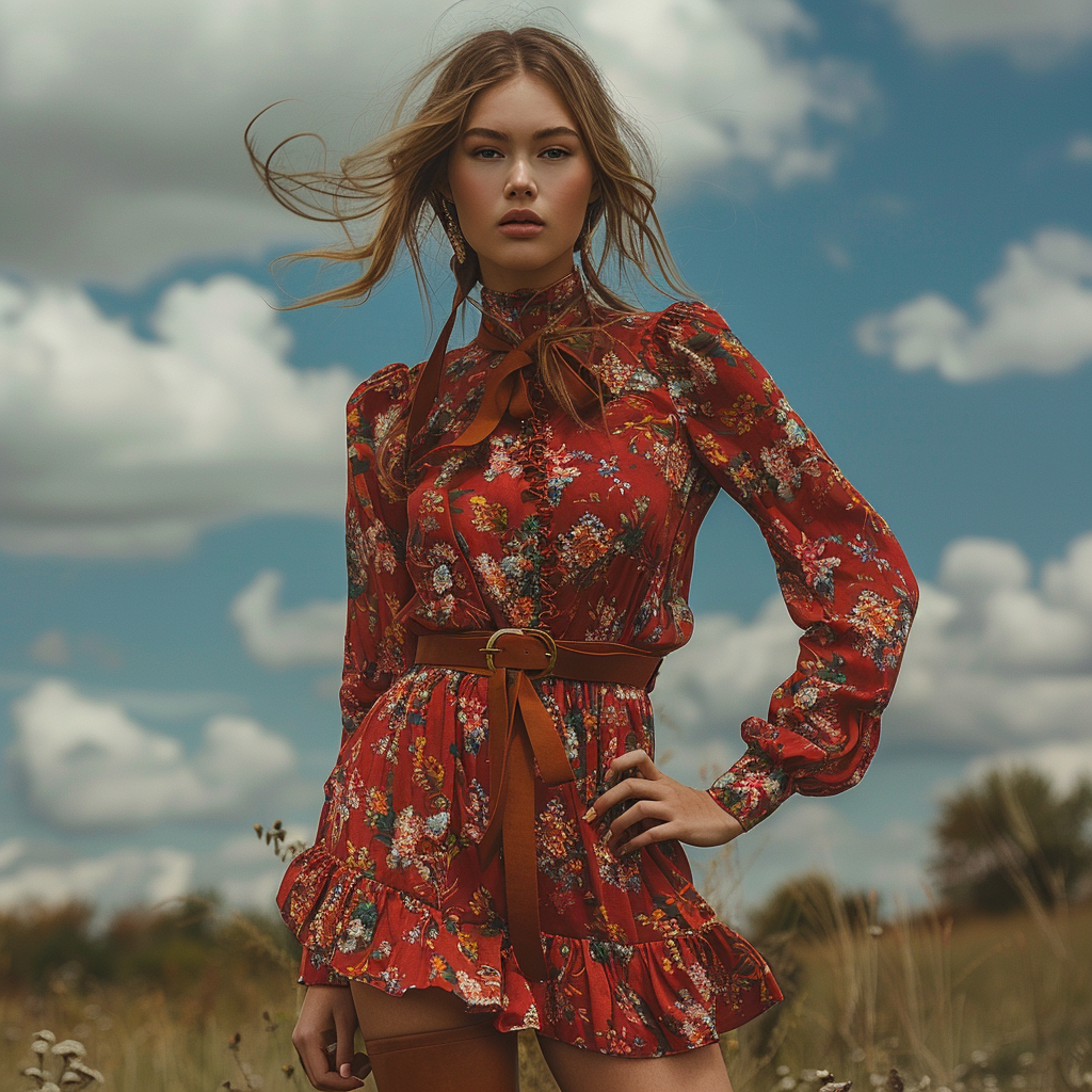 Women's Retro Floral Bohemian Pastoral Style Long-sleeved Mini Short Dress