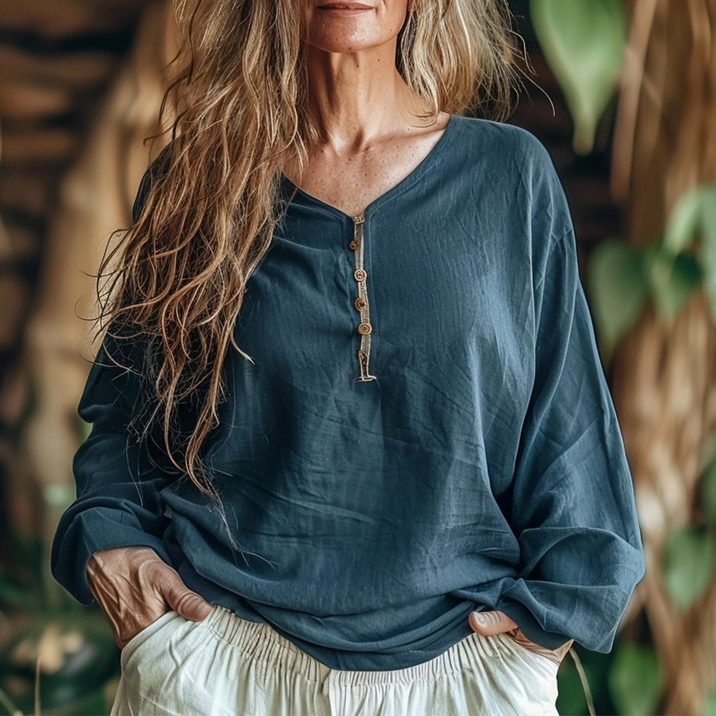 Women's Bohemian Linen Simple Loose Long-sleeve Top Shirt