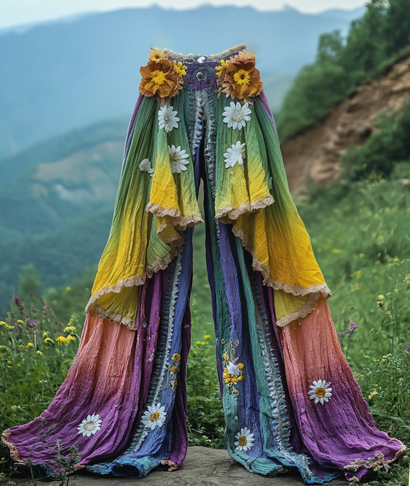 Summer ruffled denim cotton and linen patchwork contrast color pants fb05