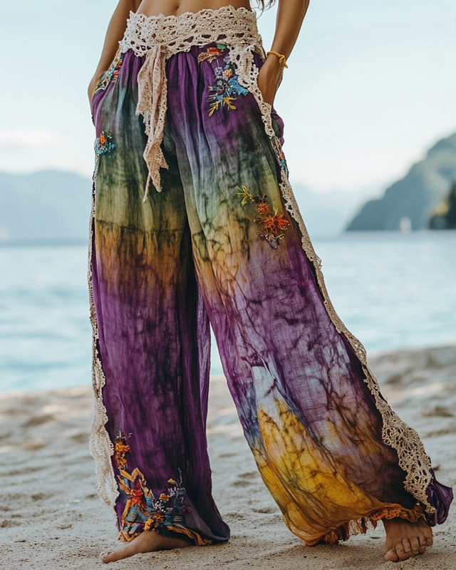 Summer Vacation Lace Handmade Floral Embroidery Pants 21a0