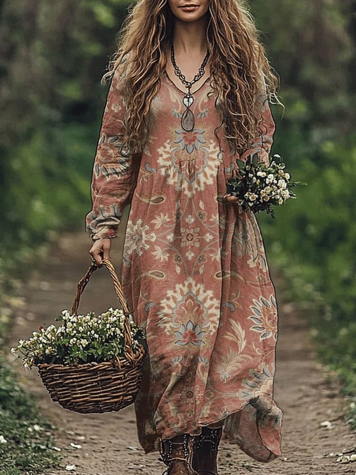 Women's Retro Floral Art Print Pocket Cotton Dress