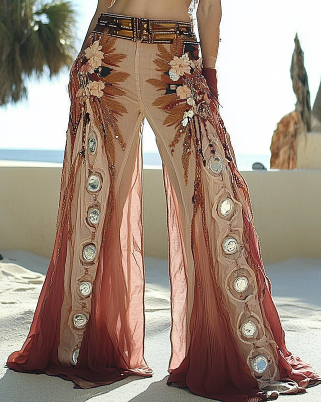 Summer Holiday Seaside Embroidered Lace Paneled Pants 9e3d