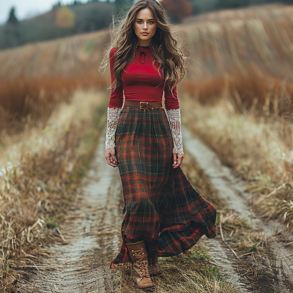 Women's Retro High Neck Long-sleeve Long Skirt Plaid Pastoral Style Maxi Long Dress