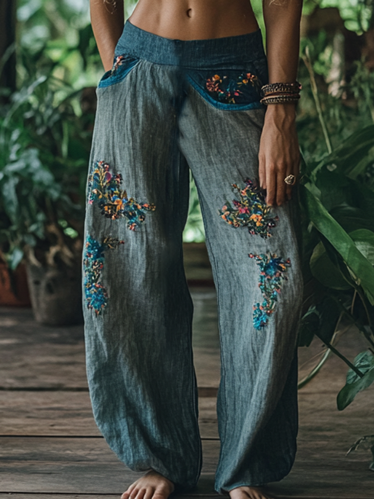 Hamivibe Vintage Bohemian Floral Art Printed Cotton Linen Wide Leg Pants a3d5