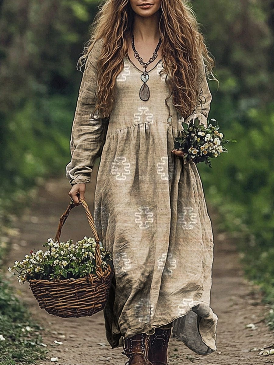 Women's Folk Floral Art Print V Neck Pocket Cotton Dress