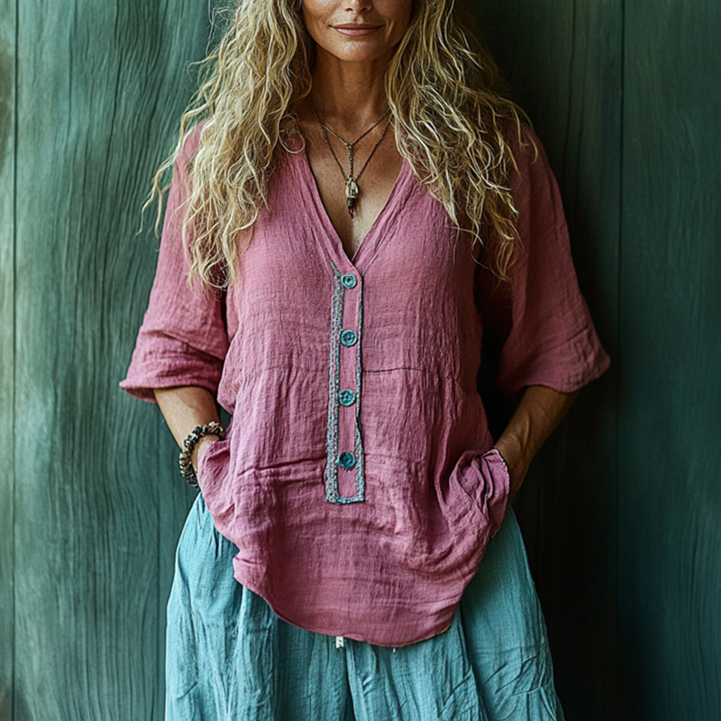 Women's Casual Bohemia Linen Style Mid-sleeved Top Shirt