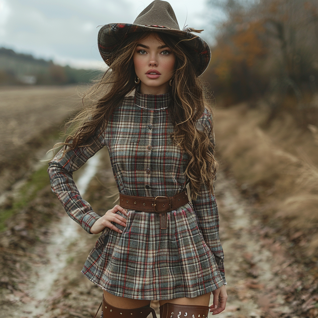 Women's Retro Plaid Pastoral Style Long-sleeve Short Dress