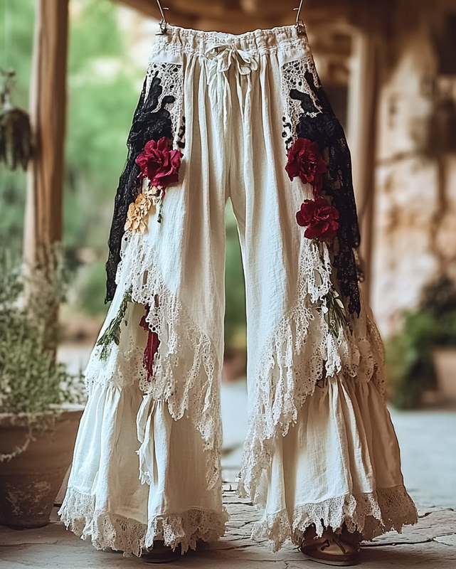 Summer Vacation Ruffle Lace Patchwork Pants b505