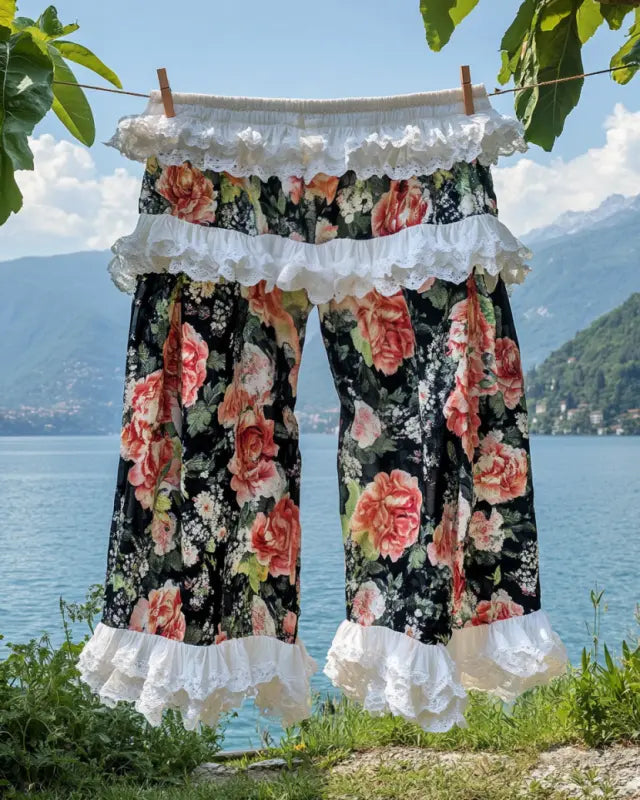 Summer ruffled cotton and linen patchwork contrast color shorts 9c9d