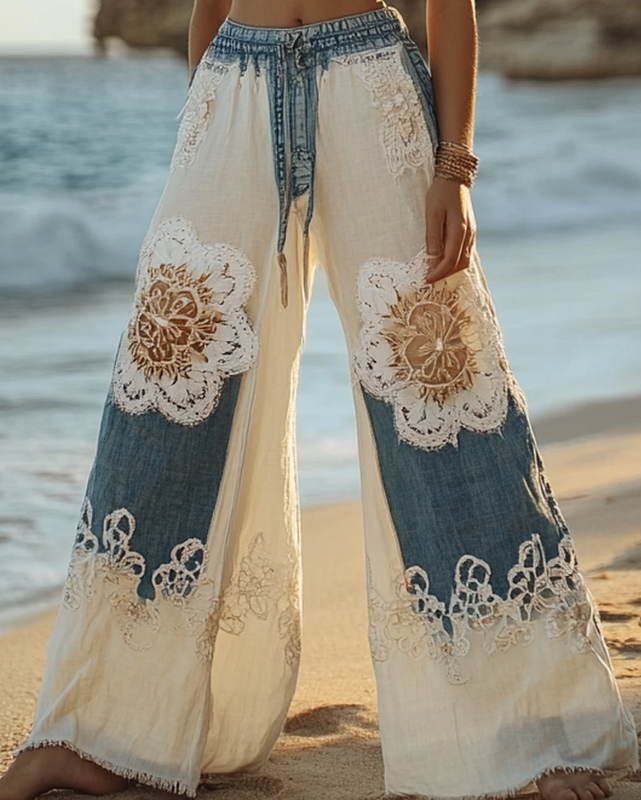 Summer Vacation Lace Floral Embroidery Pants d9d1