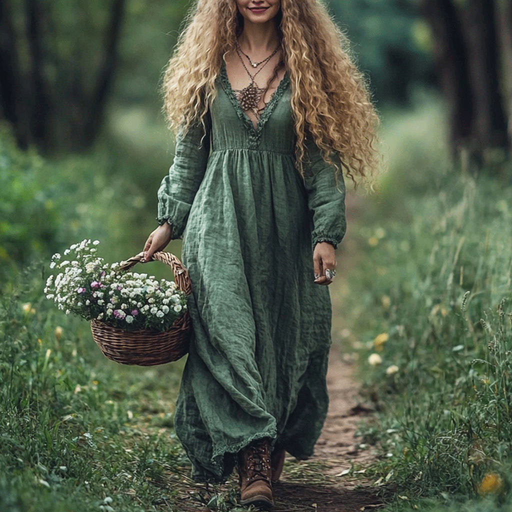 Women's Linen Bohemian Style Solid Maxi Long Dress