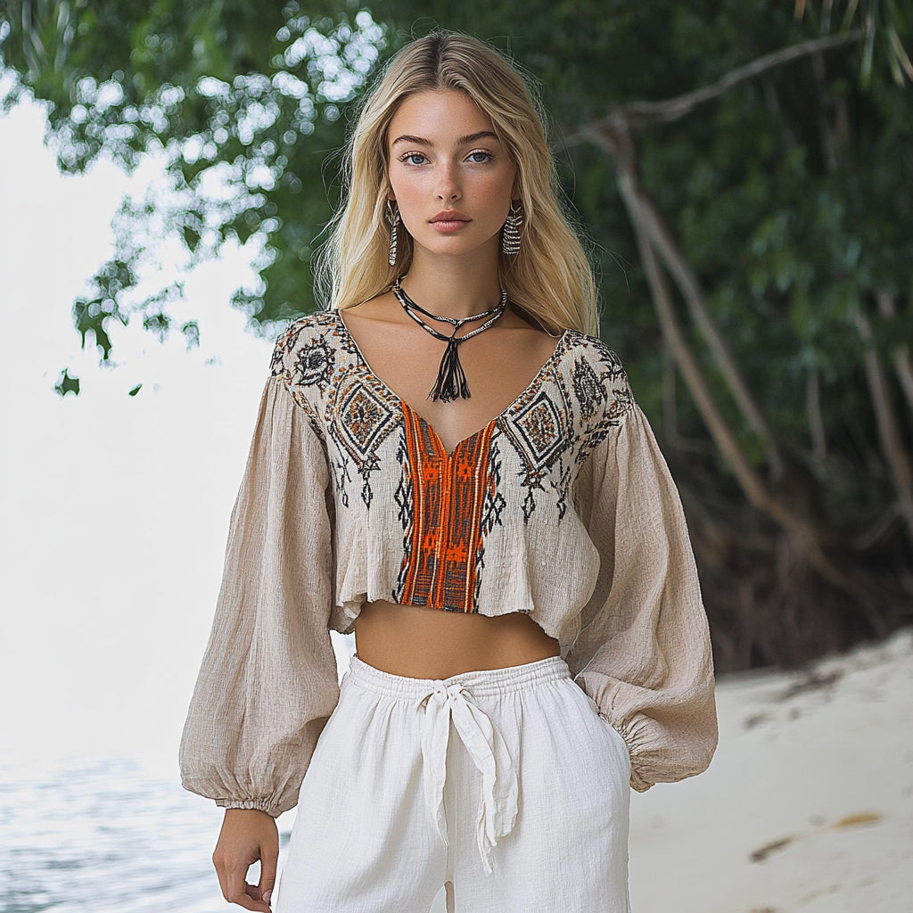Women's Bohemian Ethnic Pattern Linen Style Casual Long-sleeved Top Shirt