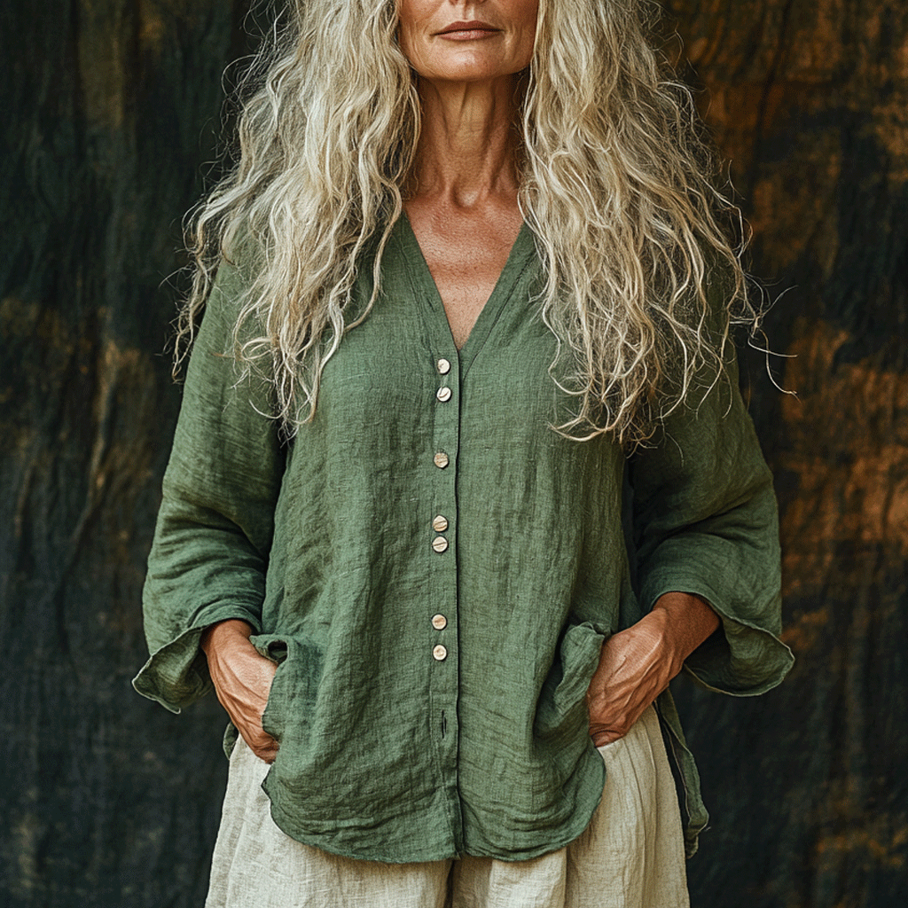 Women's Linen Bohemia Style Plain Long-sleeved Breathable Top Shirt