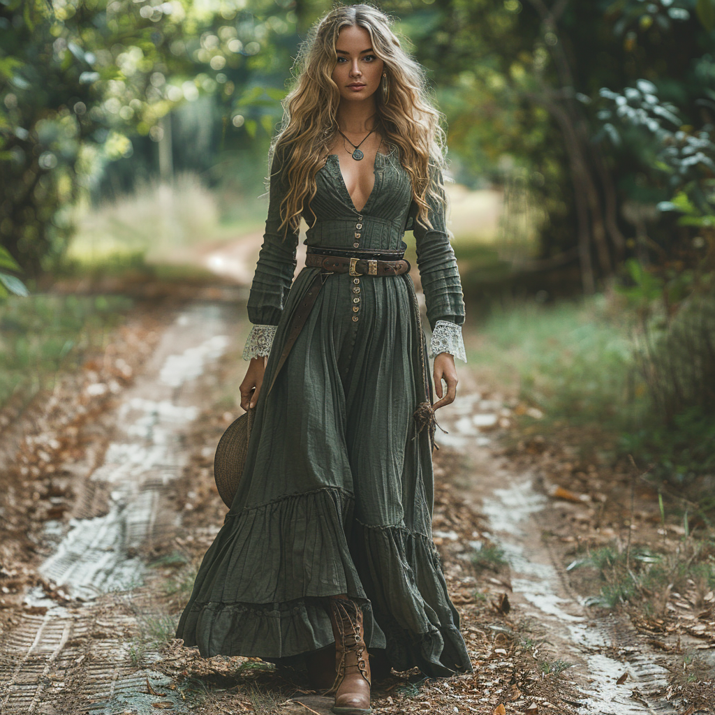 Women's Vintage V-neck Linen Long-sleeve Maxi Long Dress