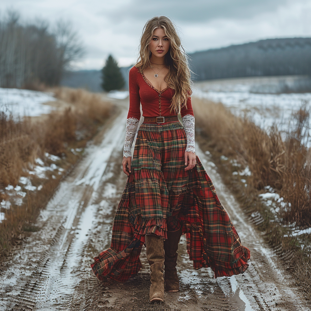 Women's Retro Plaid V-neck Long-sleeve Long Skirt Pastoral Style Maxi Long Dress