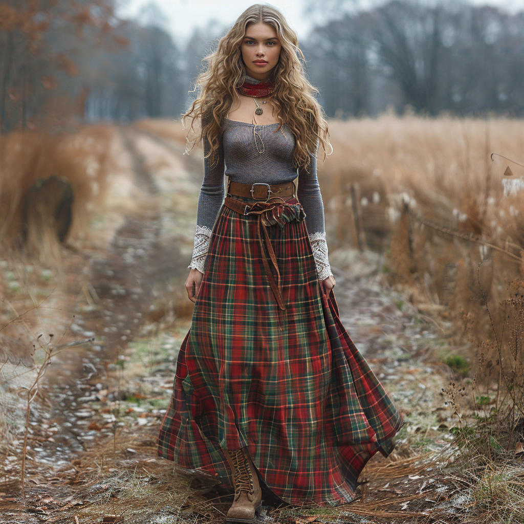 Women's Retro Plaid Long-sleeve Long Skirt Pastoral Style Maxi Long Dress