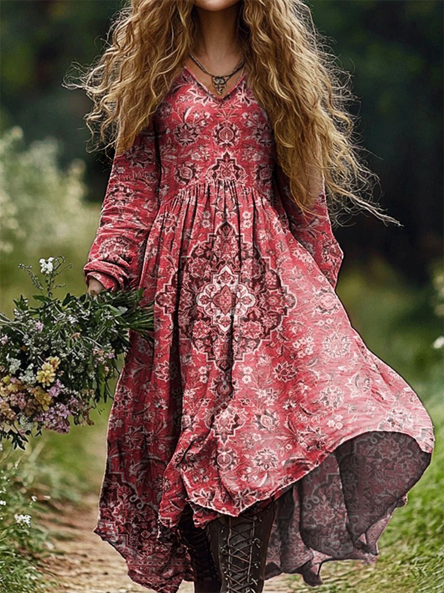 Women's Retro Ethnic Floral Art Pattern Print V Neck Pocket Cotton Dress