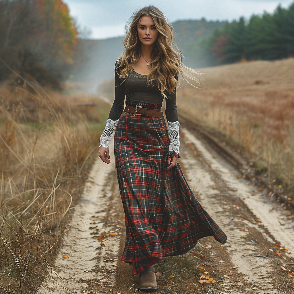 Women's Retro Round Neck Long-sleeve Long Skirt Plaid Pastoral Style Maxi Long Dress