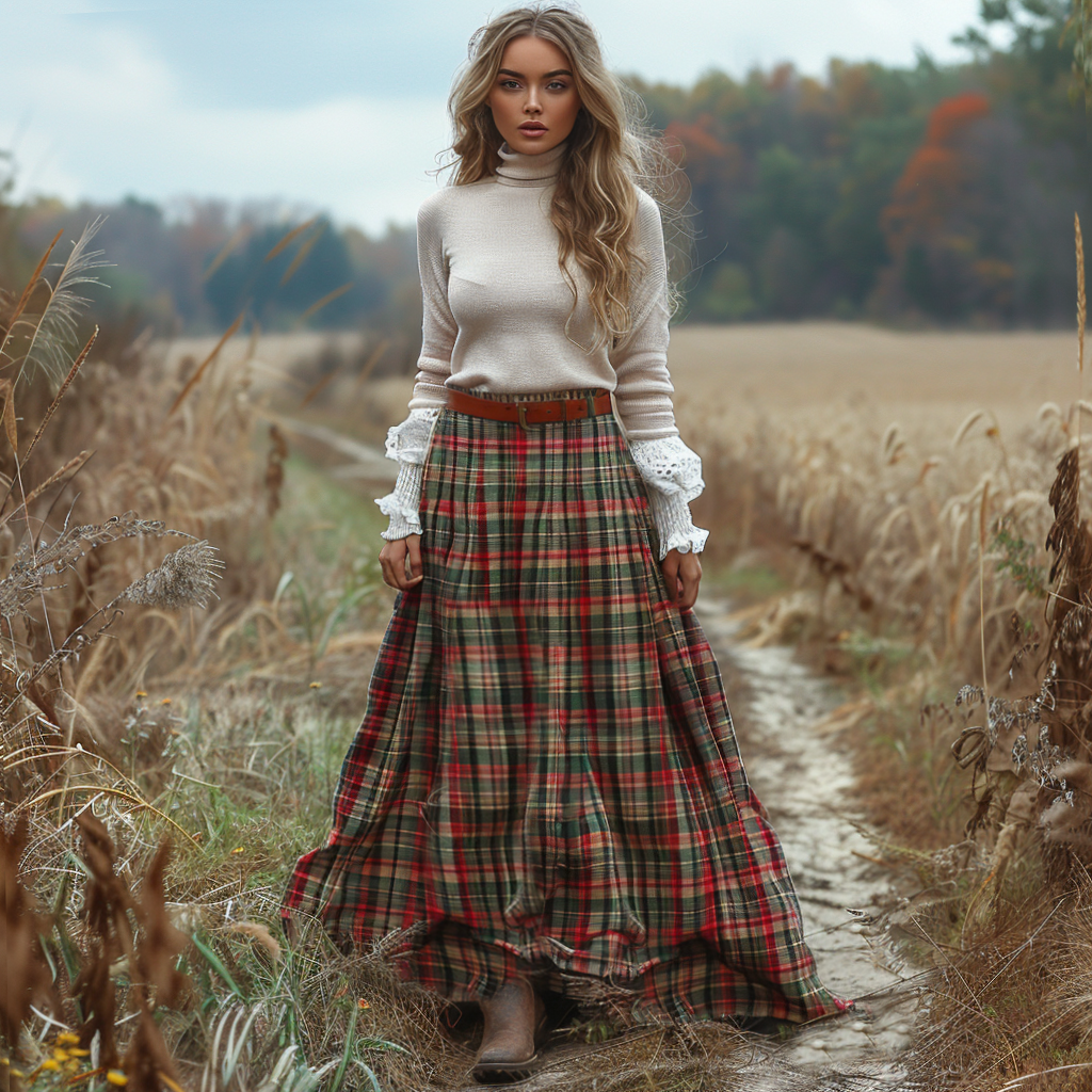 Women's Retro High Neck Long-sleeve Long Skirt Plaid Pastoral Style Maxi Long Dress
