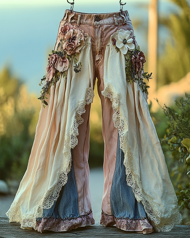 Summer Ruffle Linen Lace Splicing Denim Embroidery Pants 465b