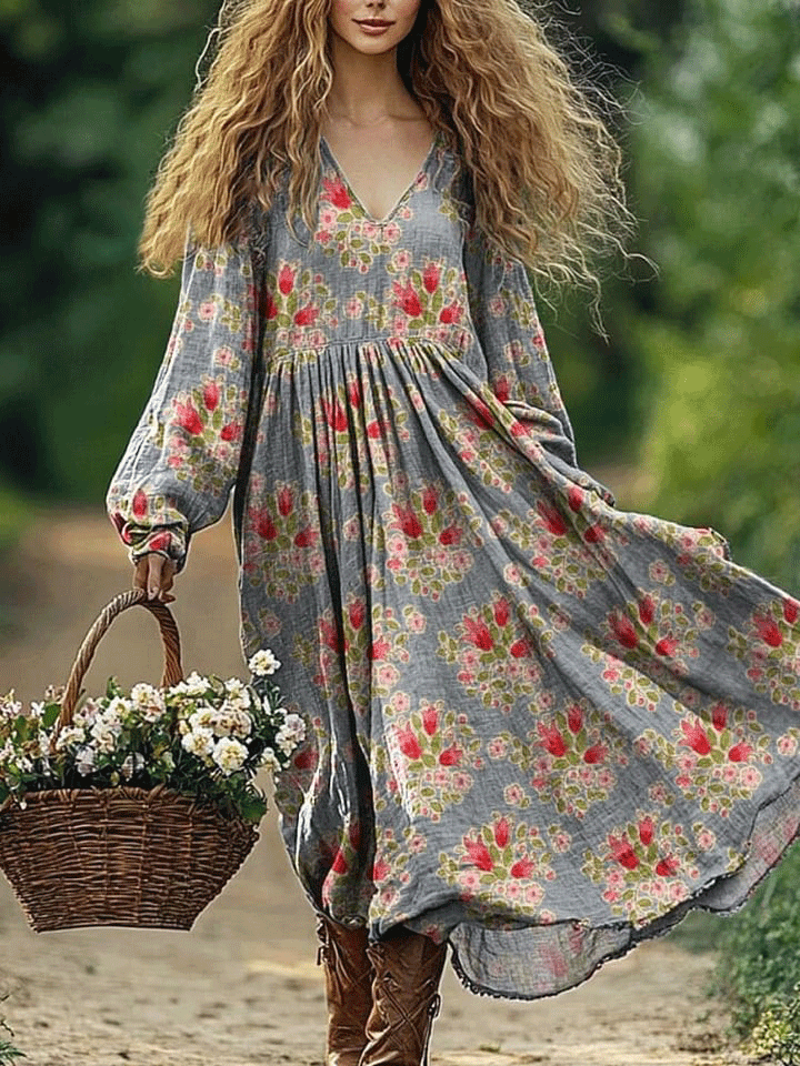 Women's Vintage Lovely Floral Art Print Pocket Cotton Dress