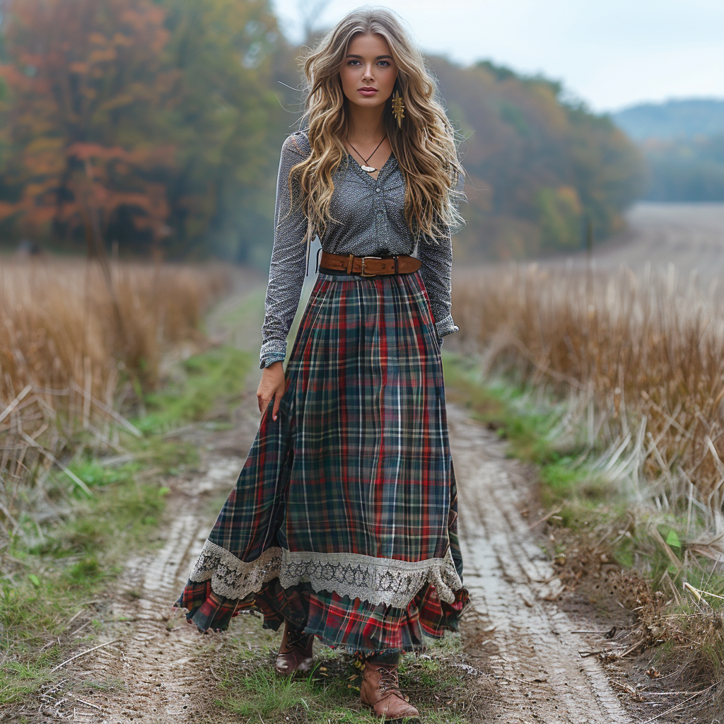 Women's Retro Plaid V-neck Long-sleeve Long Skirt Pastoral Style Maxi Long Dress
