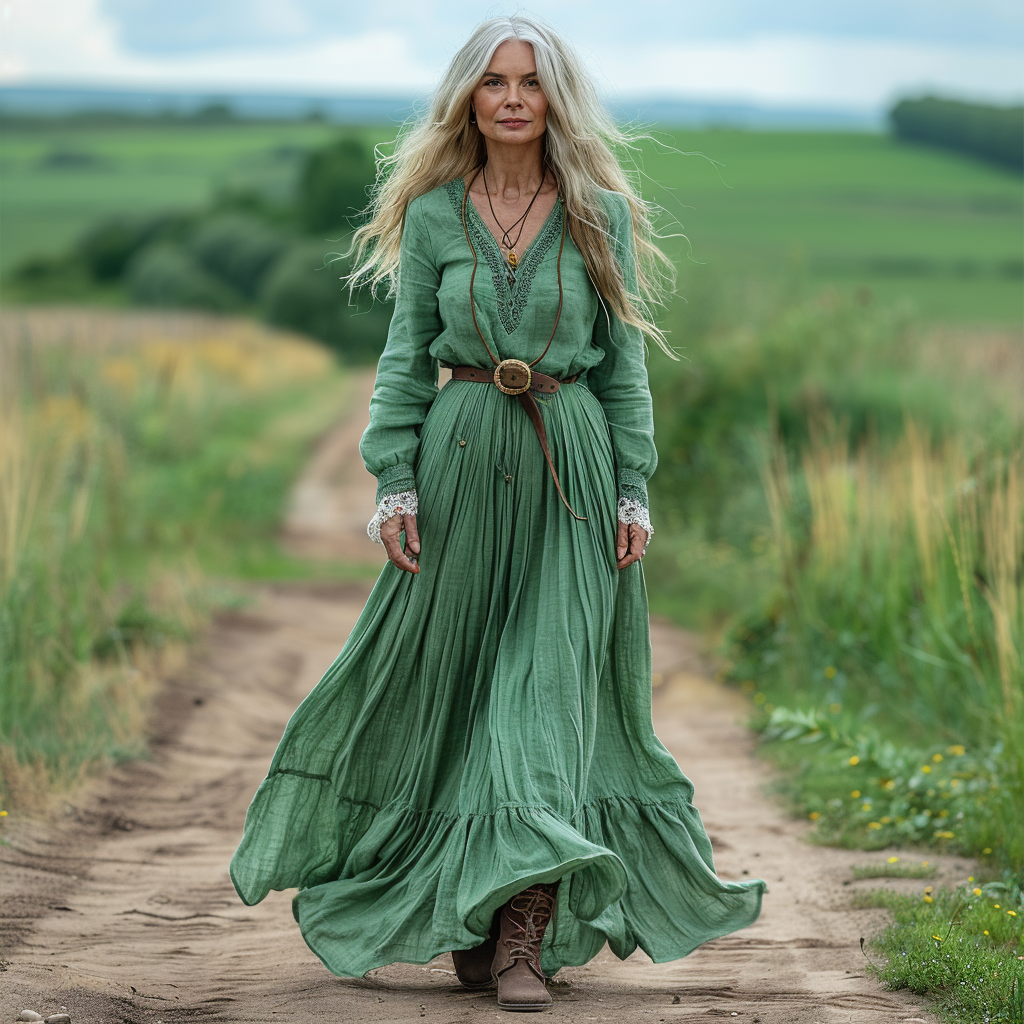 Women's Vintage Pastoral Style V-neck Linen Long-sleeve Maxi Long Dress