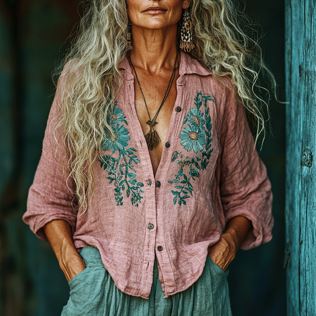 Women's Linen Bohemia Style Floral Long-sleeved Breathable Top Shirt