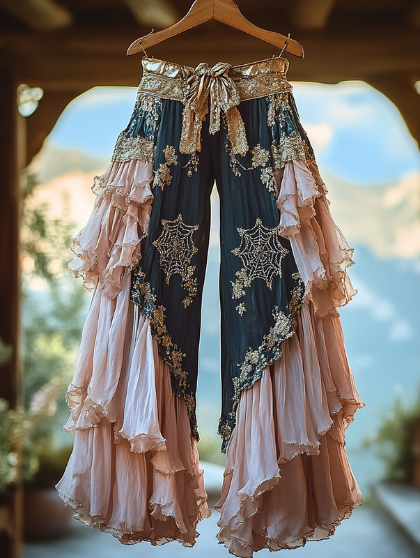 Summer ruffled cotton and linen patchwork contrast color pants 7468