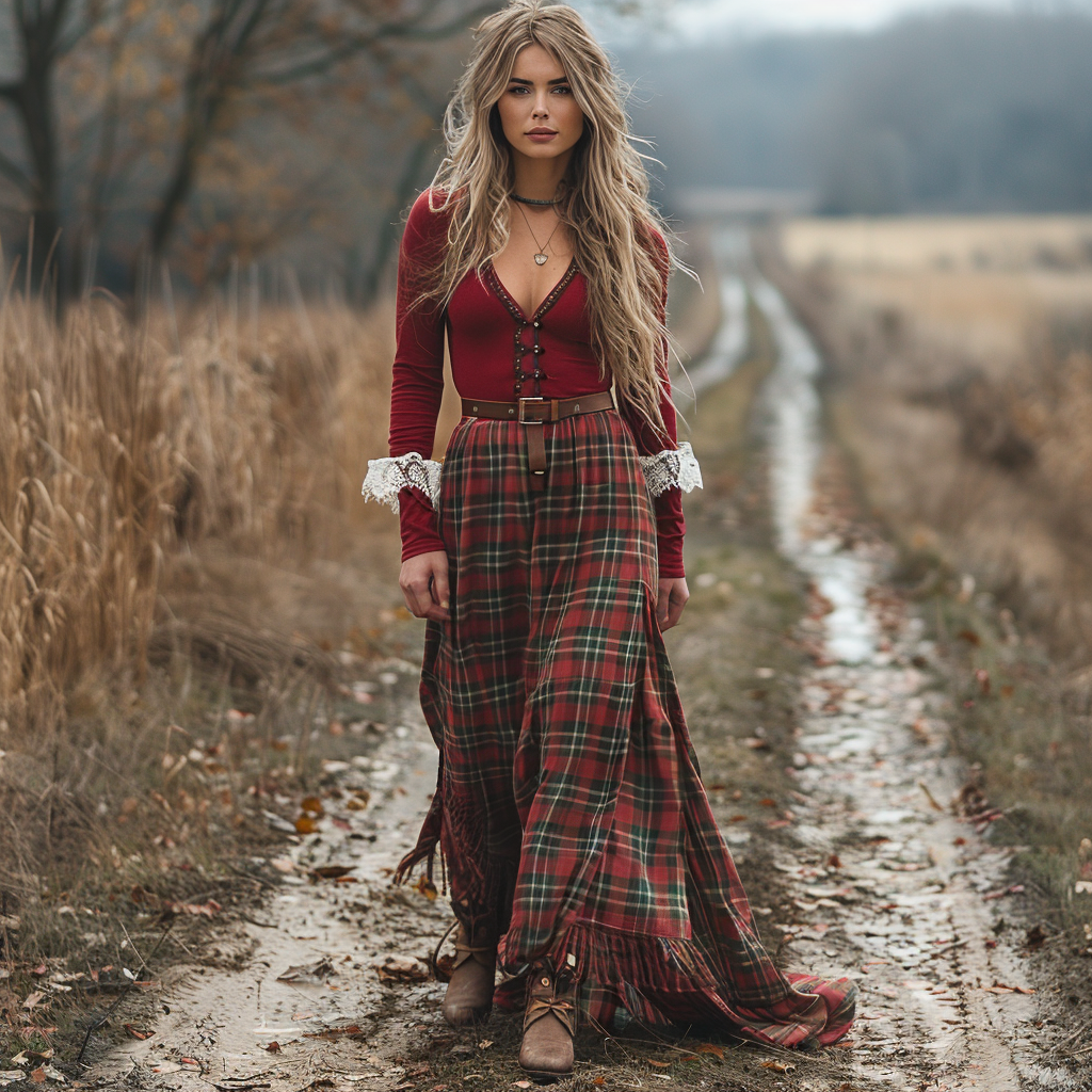 Women's Retro Plaid V-neck Long-sleeve Long Skirt Pastoral Style Maxi Long Dress