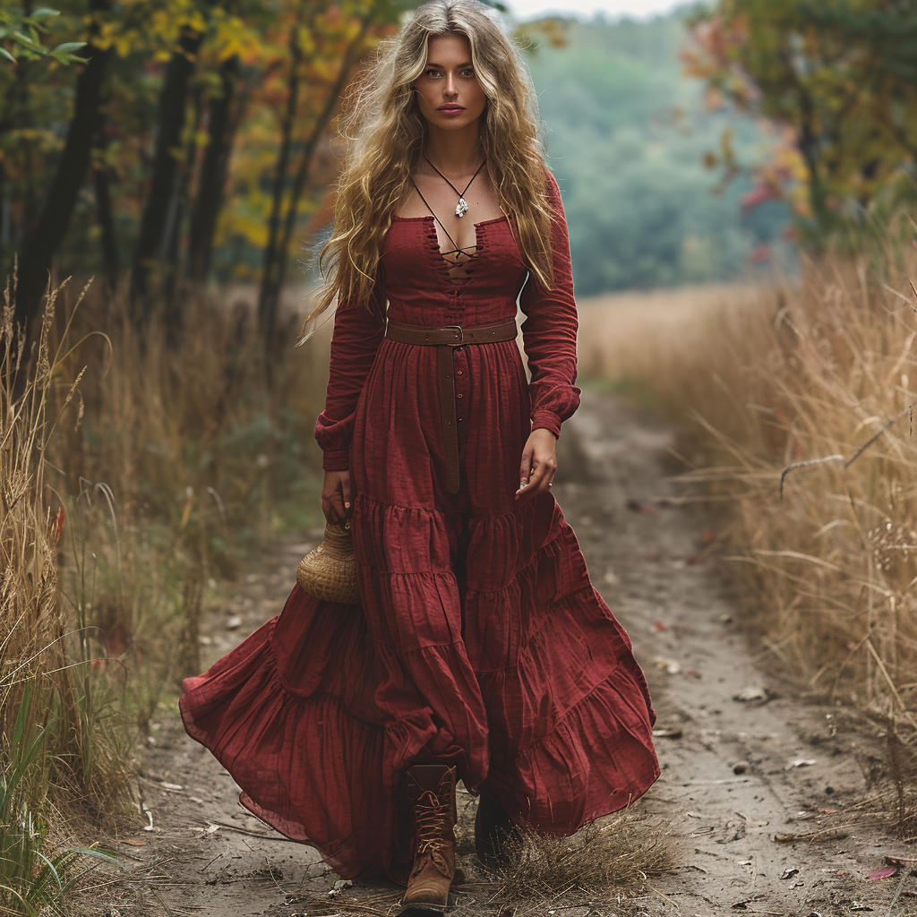 Women's Vintage V-neck Bohemian Pastoral Style Long-sleeved Maxi Long Dress