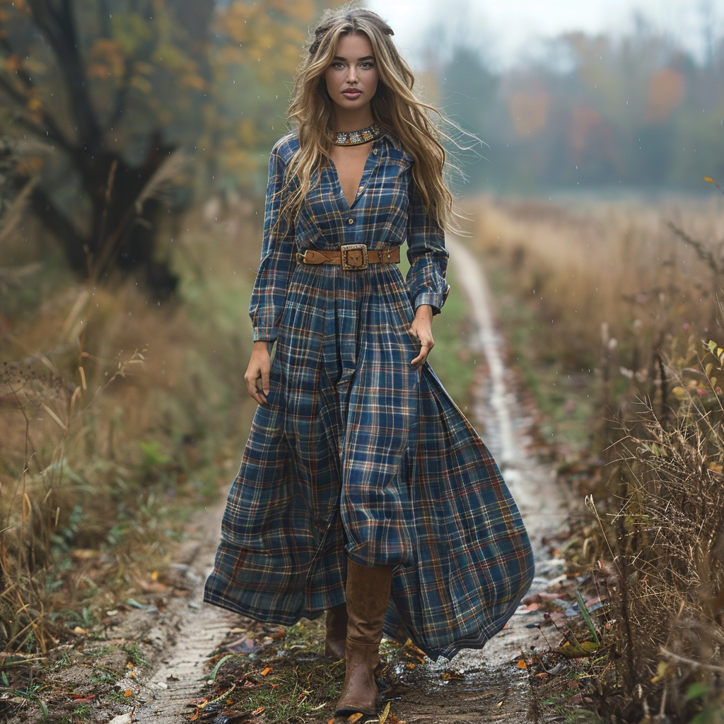 Women's Retro V-neck Plaid Long-sleeve Bohemian Pastoral Style Maxi Long Dress