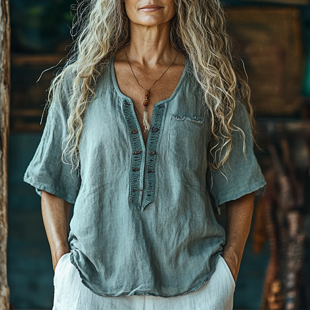 Women's Casual Bohemia Linen Style Long-sleeved Top Shirt