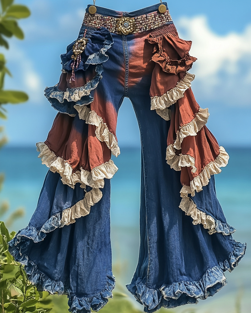 Summer ruffled denim cotton and linen patchwork contrast color pants ca50