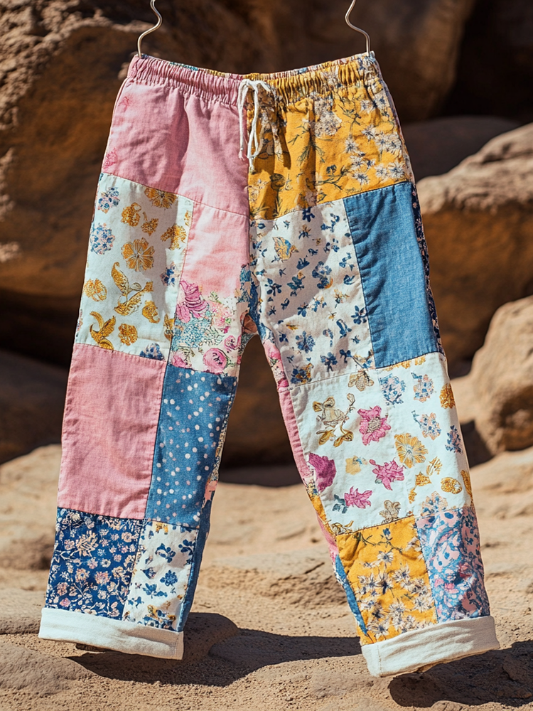 Women's Retro Geometric Floral Art Cotton And Linen Casual Pants 8ac3