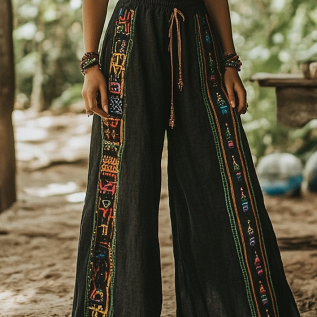 Bohemian Holiday Style Retro Linen Floral Ethnic Totem Print Casual Pants