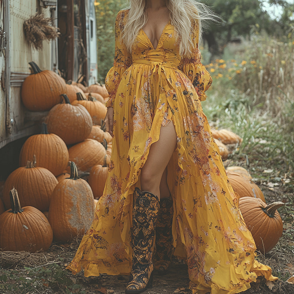 Vintage Cowgirl Style Halloween Floral Dress