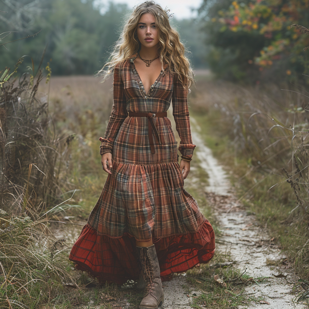 Women's Vintage V-neck Bohemian Pastoral Plaid Style Long-sleeve Maxi Long Dress