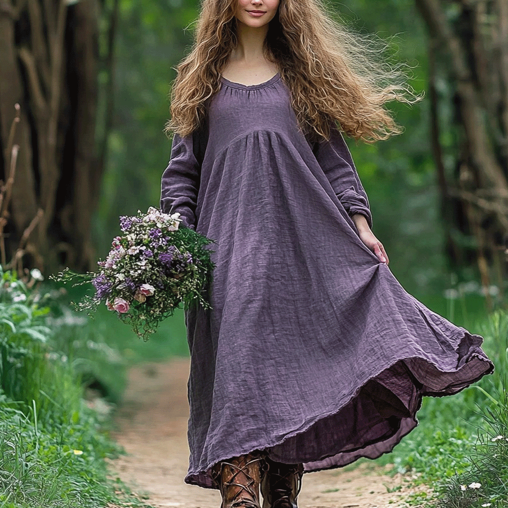 Women's Linen Bohemian Style Solid Loose Long-sleeve Maxi Long Dress