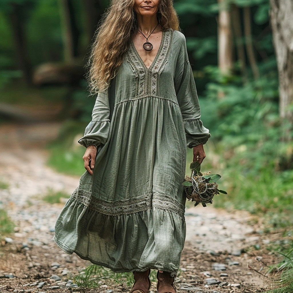 Women's Linen Bohemian Casual Loose Long-sleeve Maxi Long Dress