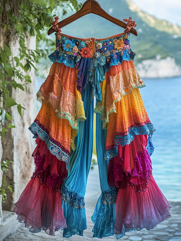 Summer ruffled cotton and linen patchwork contrast color pants 893d