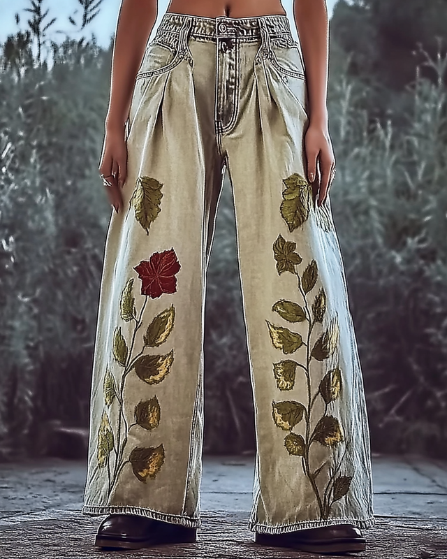 Vintage Loose Casual Floral Printed Jeans fbee