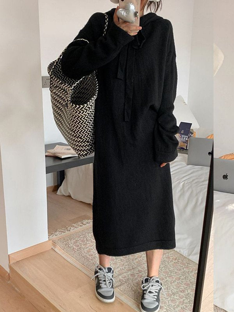 Women's Casual Hooded Collar Long Solid Color Knit Dress