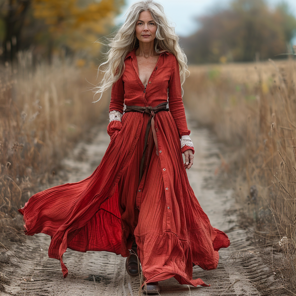 Women's Vintage Pastoral Style V-neck Linen Long-sleeve Maxi Long Dress