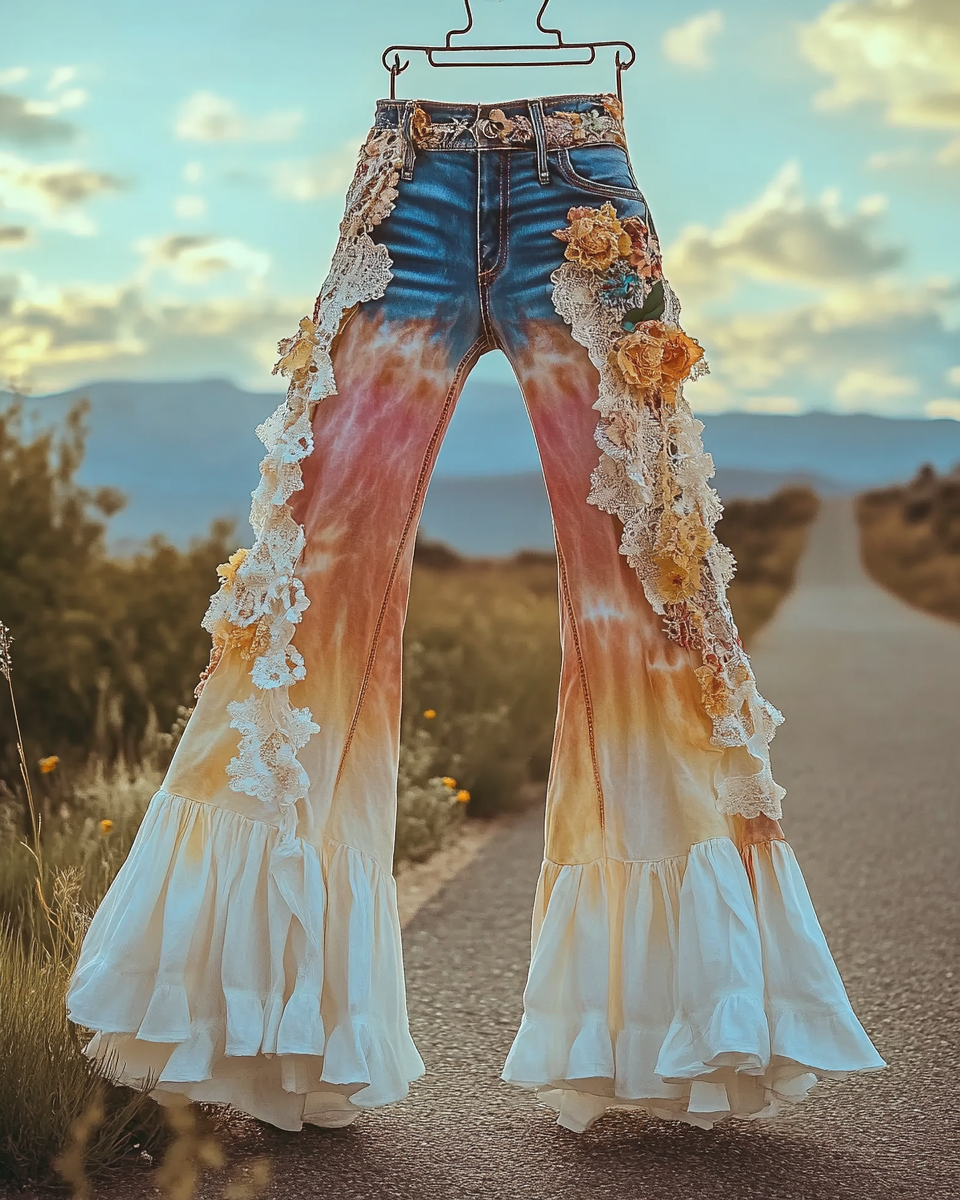 Summer ruffled denim cotton and linen patchwork contrast color pants 892b