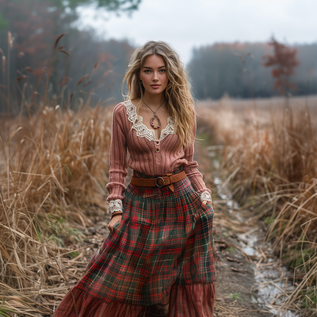 Women's Retro Plaid V-neck Long-sleeve Long Skirt Pastoral Style Maxi Long Dress