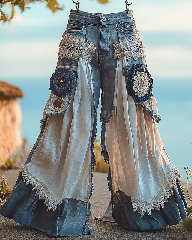 Summer Vacation Ruffle Lace Patchwork Pants 9c62