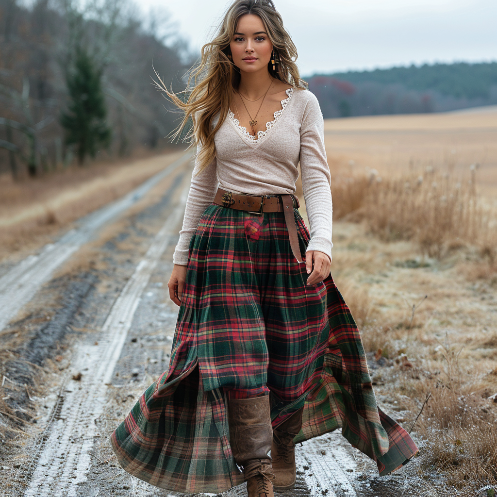 Women's Retro Plaid V-neck Long-sleeve Long Skirt Pastoral Style Maxi Long Dress